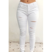 Lovely Stylish Broken Holes White Jeans