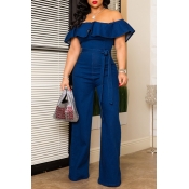 Lovely Stylish Off The Shoulder Ruffle Design Blue