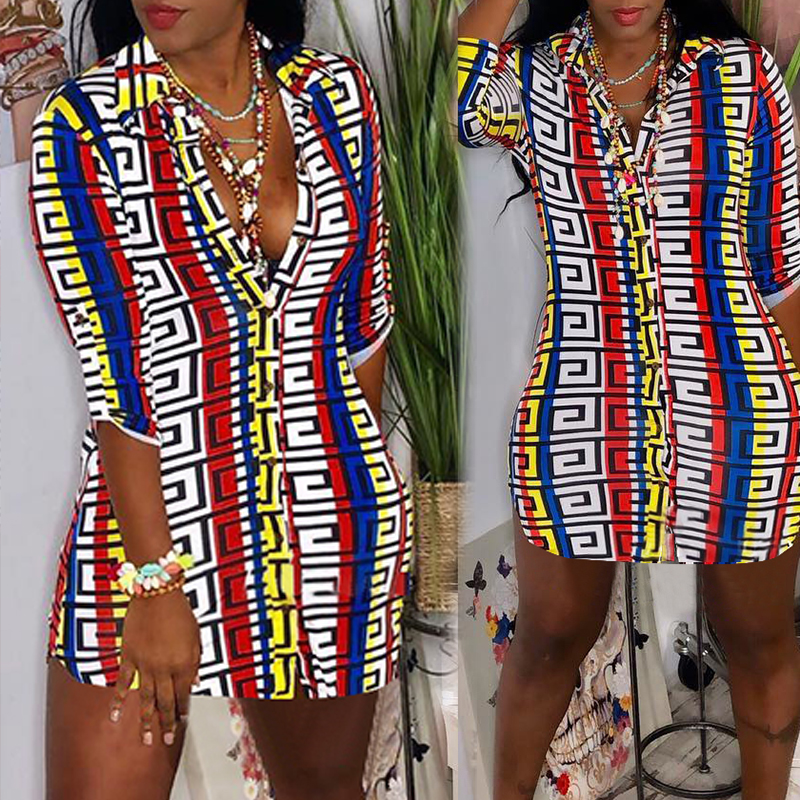 

Lovely Casual Turndown Collar Printed Yellow Mini Dress