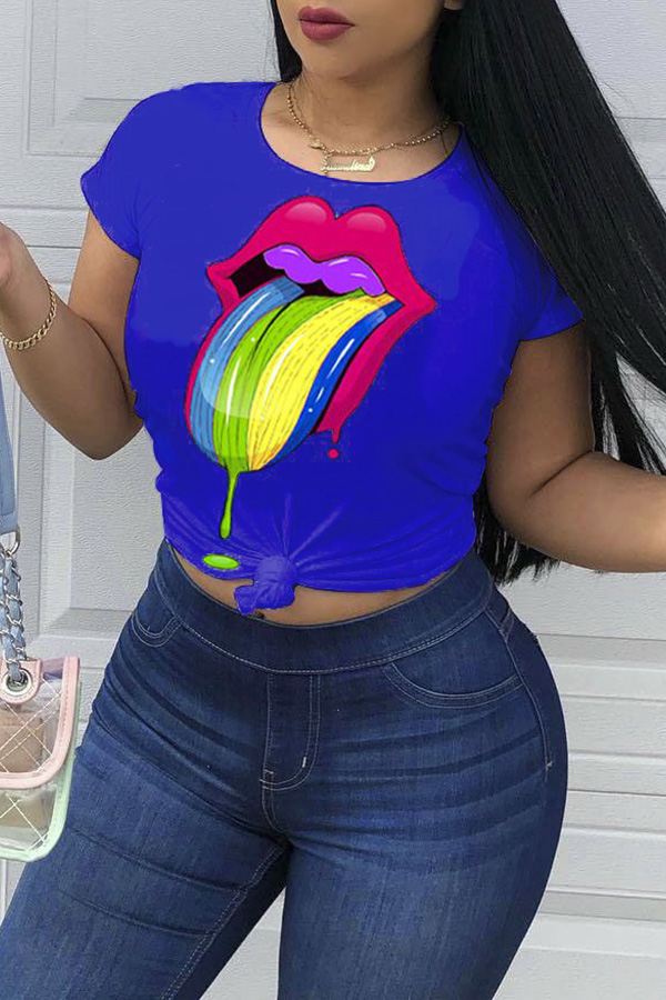 

Lovely Casual O Neck Printed Blue T-shirt