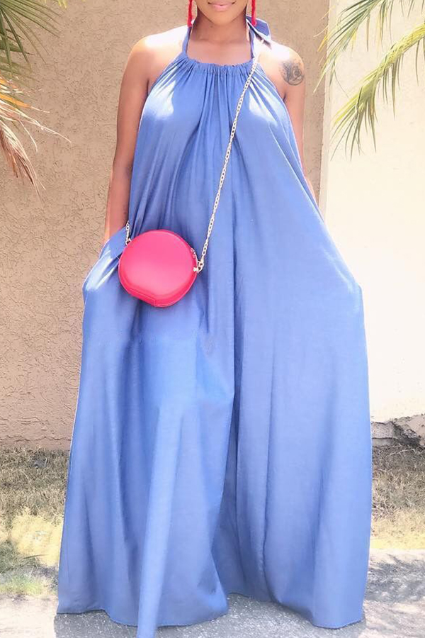 

Lovely Sexy Halter Neck Baby Blue Floor Length A Line Dress