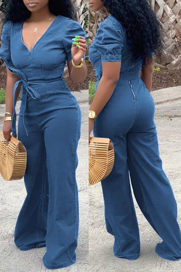 

Lovely Women’s Zipper Design Blue Denim One-piece Jumpsuit