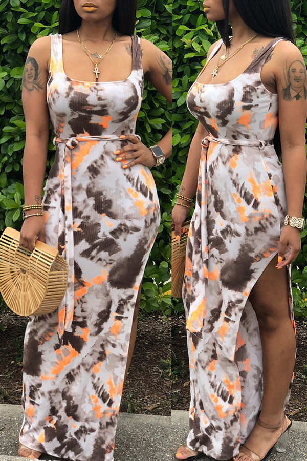 

Lovely Women’s Tank Sleeveless Printed Orange Ankle Length Dress
