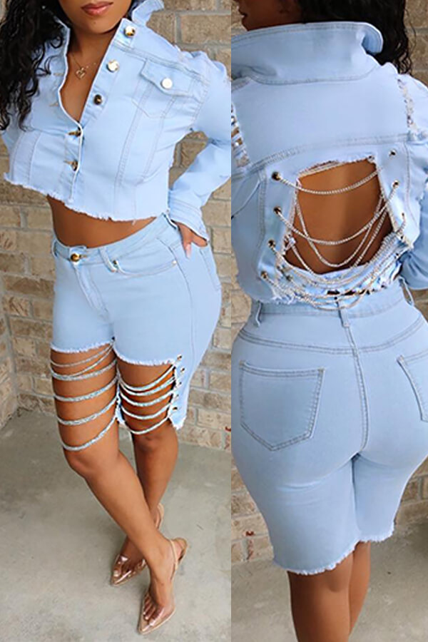Lovely Stylish Hollow-out Baby Blue Denim Coat