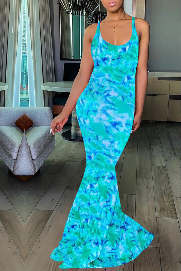 

Lovely Women’s U Neck Printed Backless Blue Floor Length Dress