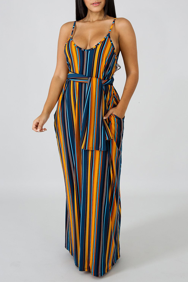 

Lovely Bohemian V Neck Striped Dark Blue Ankle Length A Line Dress