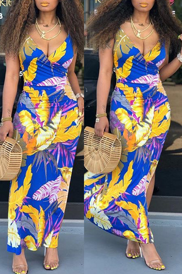 

Lovely Bohemian V Neck Printed Yellow Ankle Length Dress