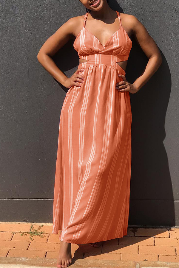 

Lovely Sweet V Neck Striped Hollow-out Orange Ankle Length Dress
