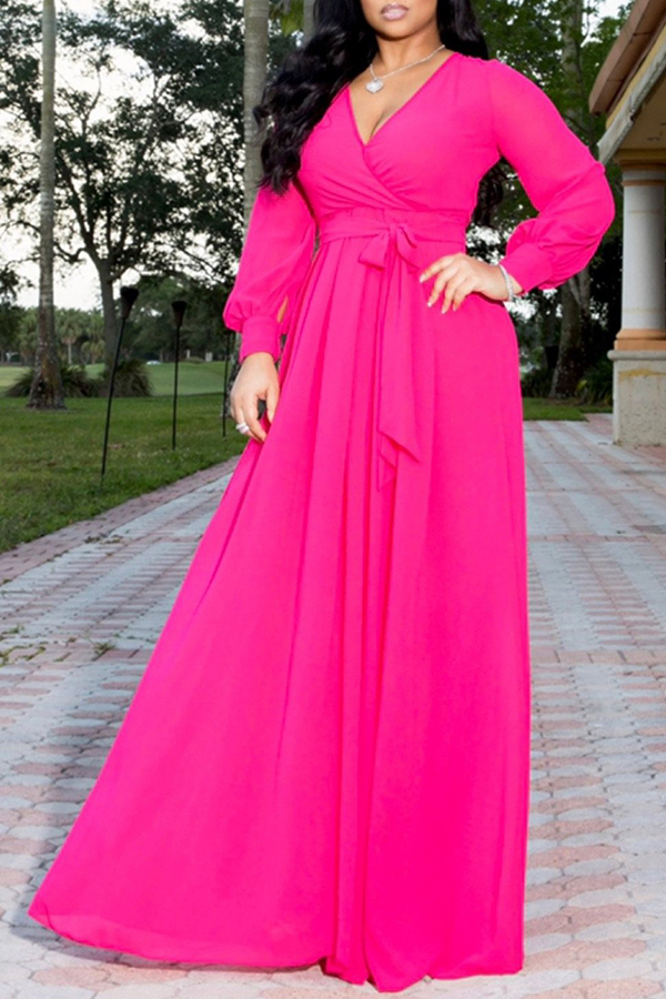 

Lovely Sweet V Neck Lace-up Rose Red Floor Length Dress