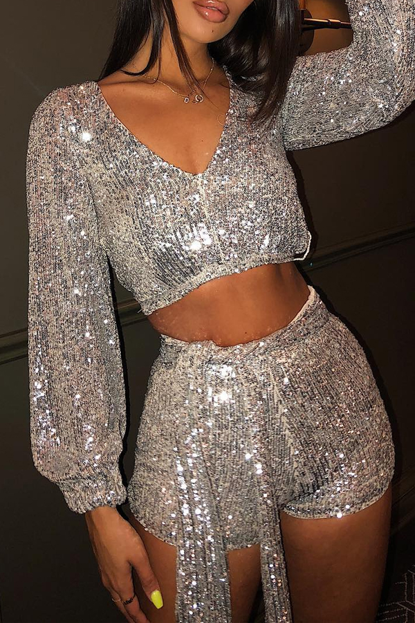 

Lovely Women’s Sequins Decoration Silver Two-piece Shorts Set