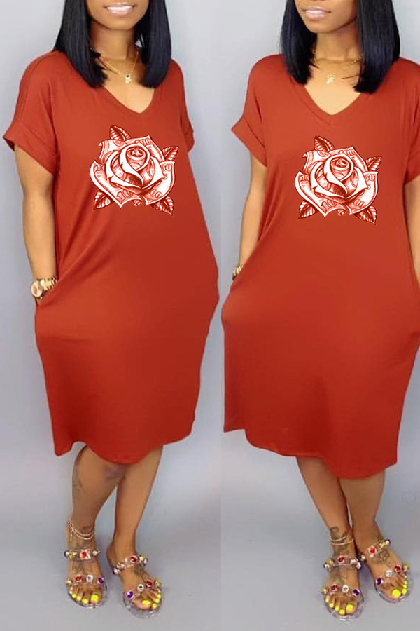 

Lovely Casual V Neck Printed Red Knee Length Dress