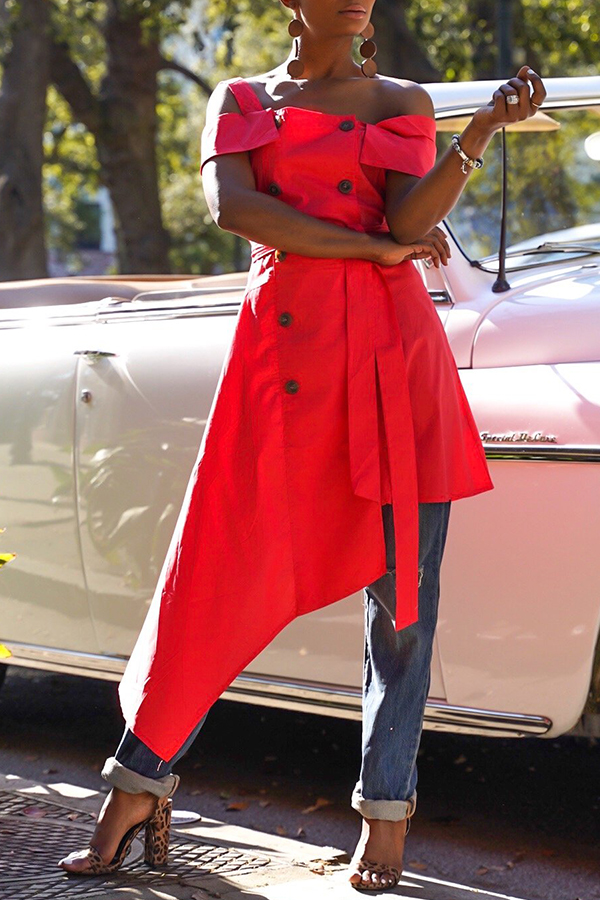 

Lovely Stylish Off The Shoulder Asymmetrical Red Blouse