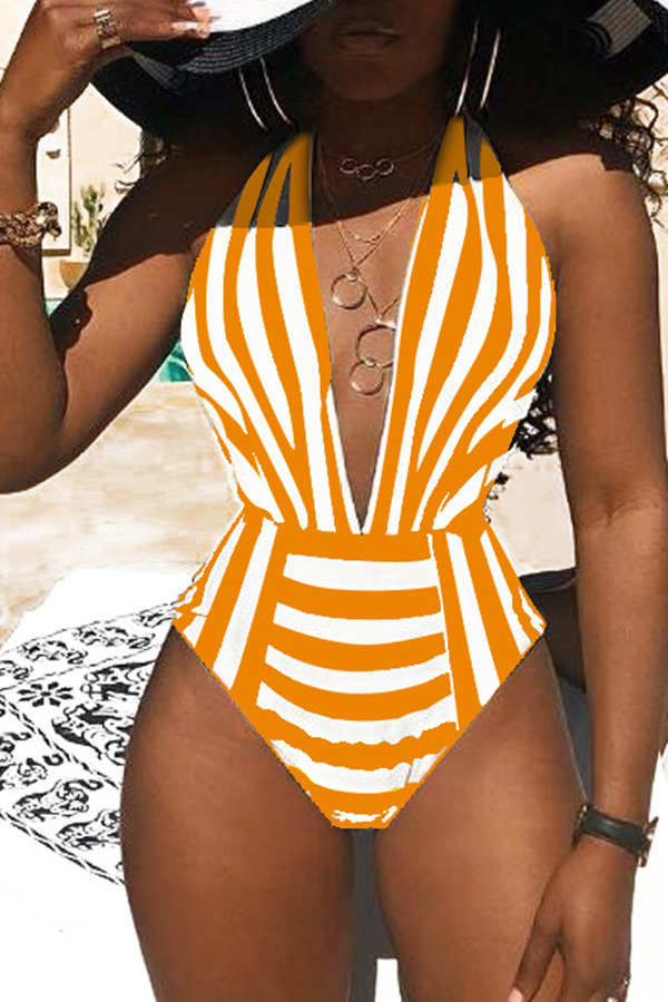 

Lovely Deep V Neck Striped Printed Orange One-piece Swimwear