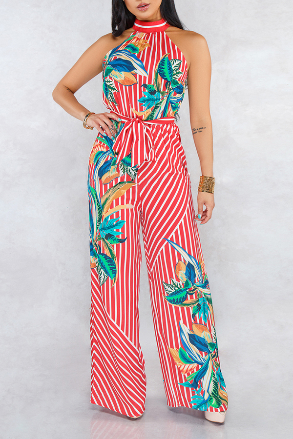 

Lovely Stylish Halter Neck Striped Printed Red One-piece Jumpsuit