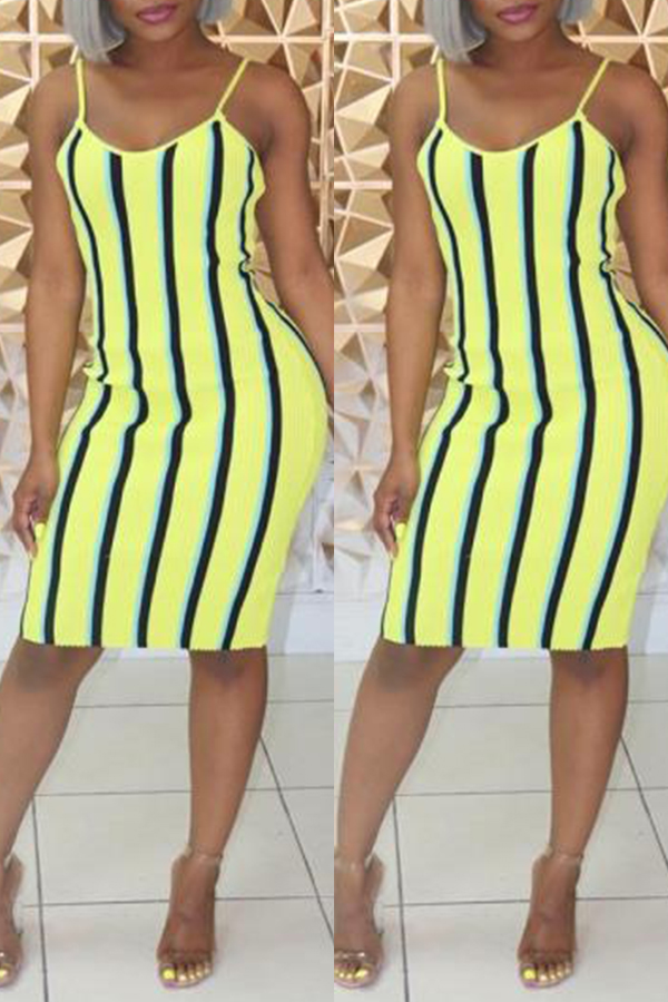 

Lovely Casual Striped Yellow Mini Dress