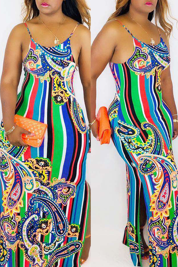 

Lovely Trendy Spaghetti Strap Printed Green Ankle Length Dress