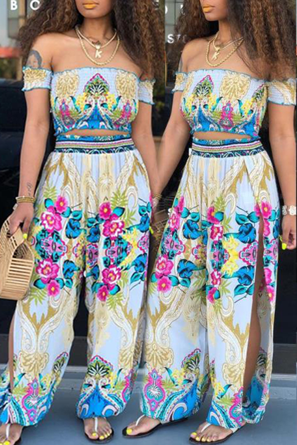 

Lovely Casual Side Slit Printed Baby Blue Two-piece Pants Set