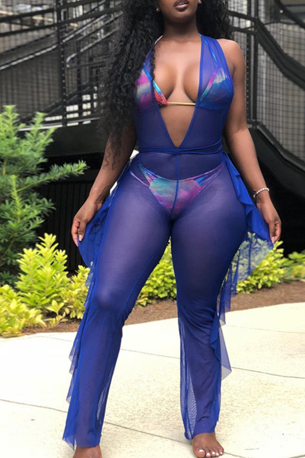 

Lovely Sexy Deep V Neck See-through Blue Gauze One-piece Jumpsuit