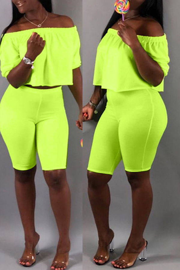

Lovely Casual Off The Shoulder Green Two-piece Shorts Set