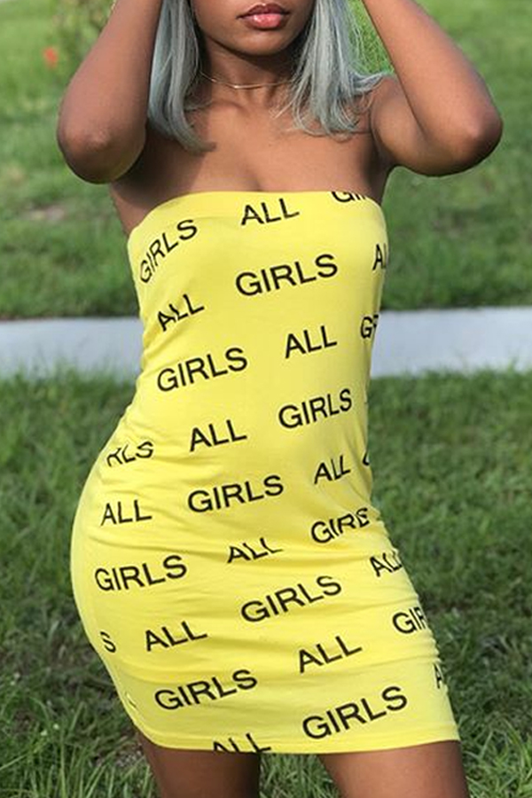 

Lovely Casual Letter Print Yellow Mini Dress