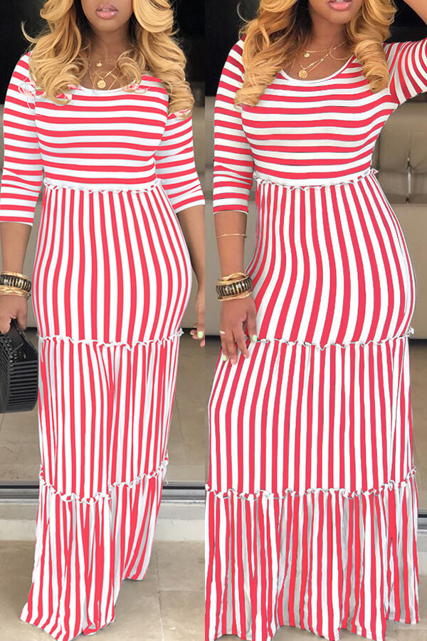 

Lovely Casual O Neck Striped Red Floor Length Dress