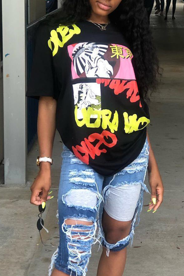 

Lovely Leisure Print Black T-shirt