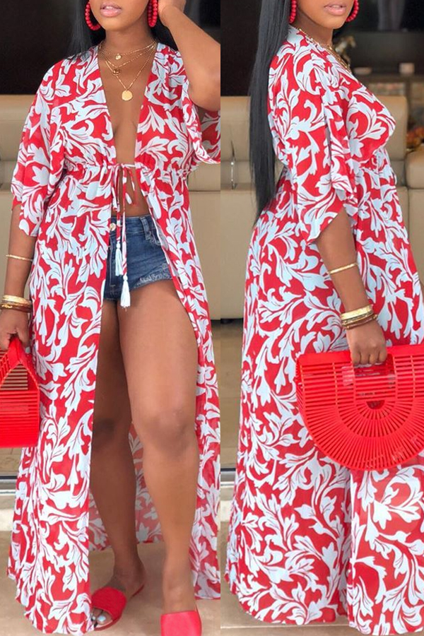 

Lovely Casual Half Sleeves Printed Red Trench Coat
