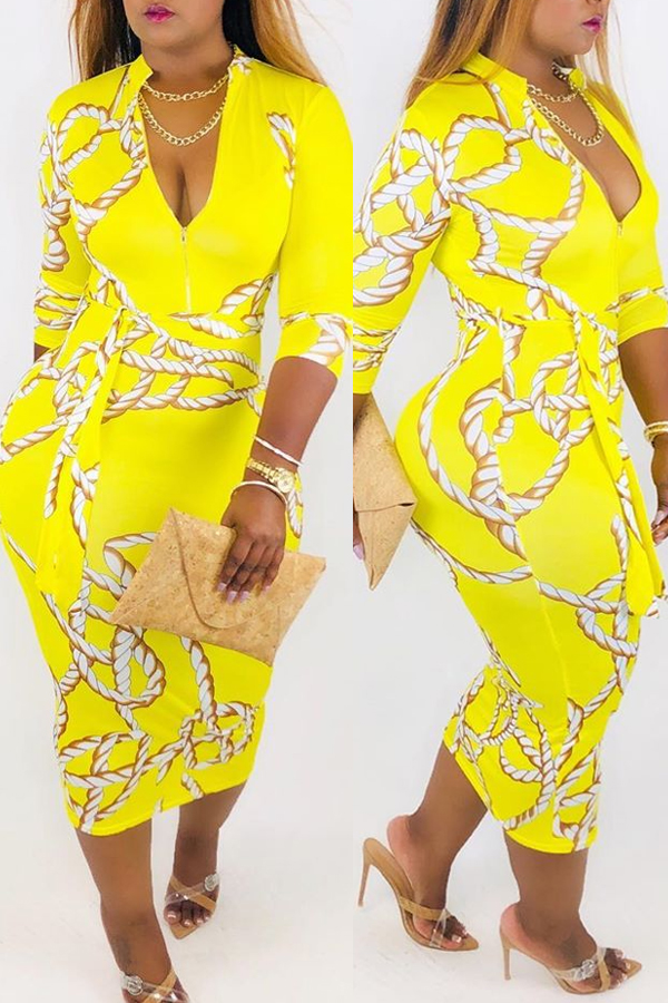 

Lovely Stylish V Neck Printed Hollow-out Yellow Ankle Length A Line Dress