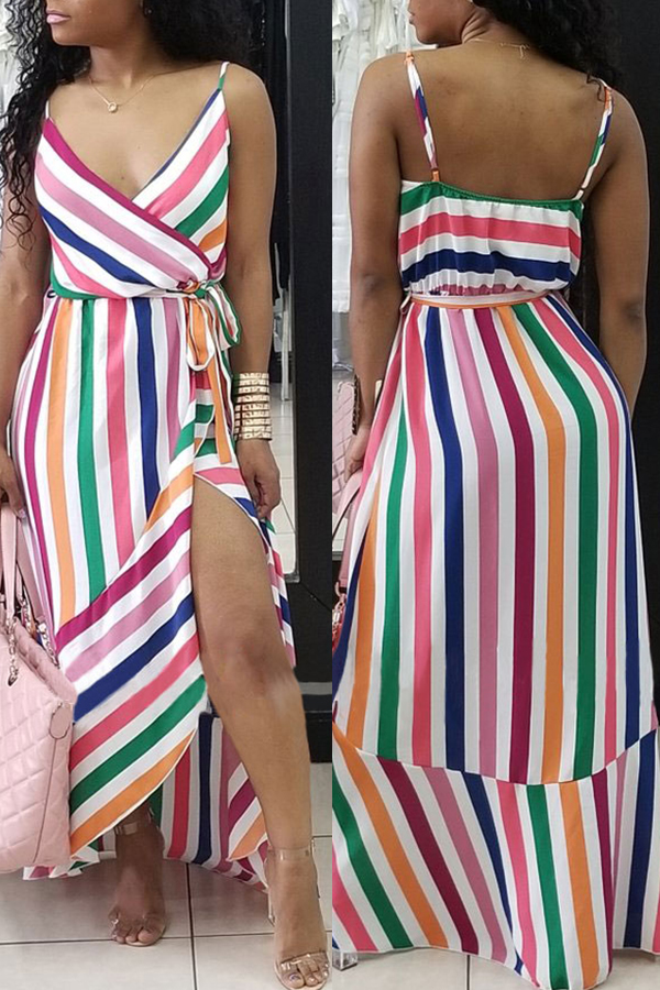 

Lovely Stylish Spaghetti Straps Striped Pink Ankle Length Dress