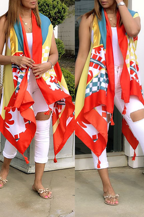 

Lovely Stylish Printed Asymmetrical Red Loose Vest