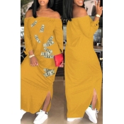 Lovely Casual Off The Shoulder Printed Yellow Ankl