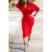 Lovely Casual V Neck Red Knee Length Dress