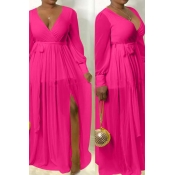 Lovely Casual V Neck High Split Rose Red Ankle Len