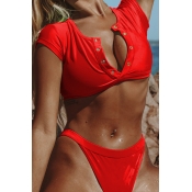 Lovely Buttons Design Red Two-piece Swimwear