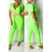 Lovely Casual V Neck Hollow-out Green Two-piece Pa