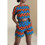 Lovely Stylish O Neck Short Sleeve Printed Two-pie