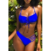 Lovely Halter Neck Hollow-out Royalblue Two-piece 