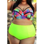 Lovely Plus-size Printed Green Two-piece Swimwear