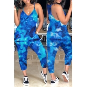 Lovely Casual Tie-dye Blue Loose One-piece Jumpsui