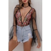 Lovely Sexy Flare Sleeves Patchwork Bodysuit