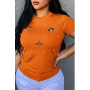 Lovely Leisure Pearls Decoration Orange T-shirt