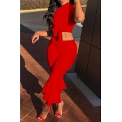 Lovely Stylish O Neck Horn-type Red Two-piece Pant