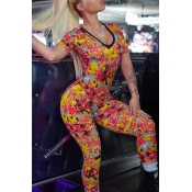 Lovely Casual V Neck Printed Yellow One-piece Jump