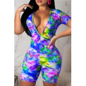 Lovely Casual V Neck Printed Blue One-piece Romper