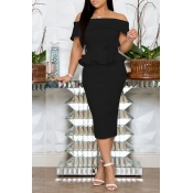 Lovely Stylish Off The Shoulder Ruffle Design Blac