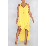 Lovely Casual V Neck Asymmetrical Yellow Mid Calf 