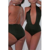 Lovely Deep V Neck Hollow-out Army Green One-piece