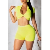 Lovely Casual V Neck Yellow Two-piece Shorts Set