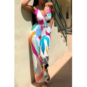 Lovely Sexy V Neck Printed Backless Multicolor One