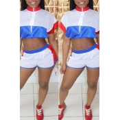 Lovely Casual Patchwork Blue Two-piece Shorts Set